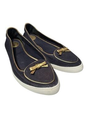 TORY BURCH Women's Dakota Canvas Ballet Slip-On Shoes - Navy Blue/ Gold Bow Sz 9
